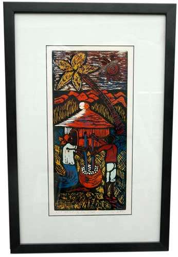 GRINDING THE MEAL by Isaac Sithole   (Woodcut)