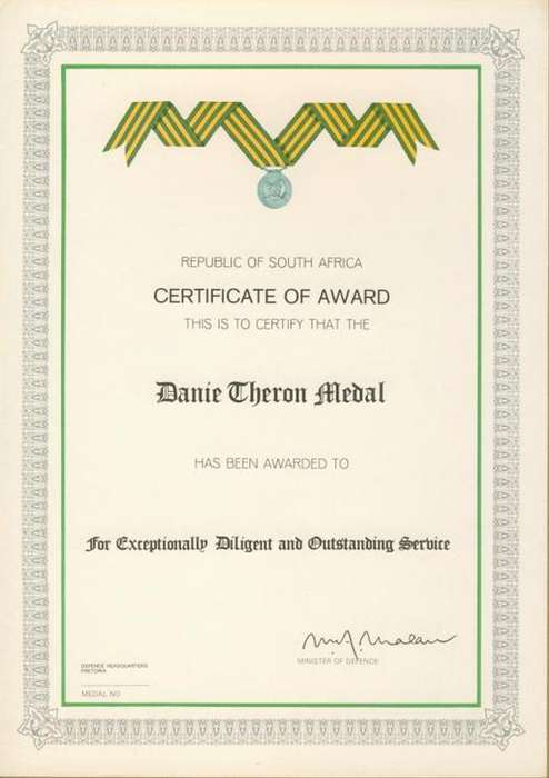 (A96) AWARD CERTIFICATE:- SA Danie Theron Medal - Silver - Printed in English