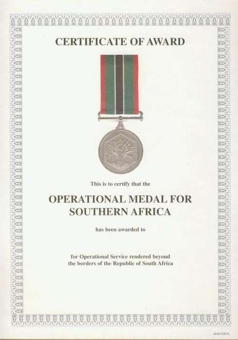(A17) AWARD CERTIFICATE:- SA External Operations Service Medal