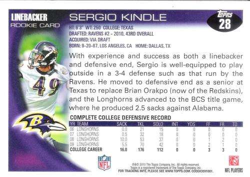 NFL 2010 Topps #28 Sergio Kindle Trading Card [Loose]