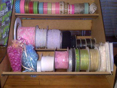 Ribbon Storage Holder Unpainted with 15 rolls of satin & organza ribbon & Washi Tape FREE
