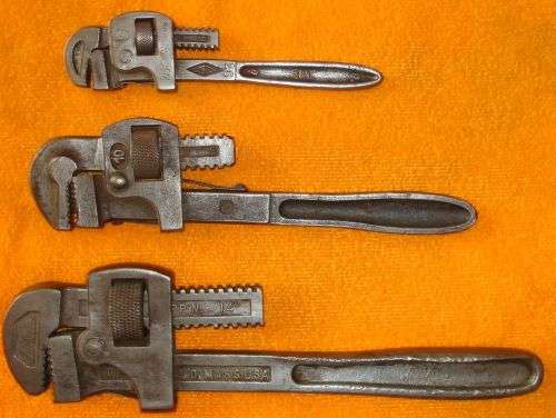 3 VINTAGE PIPE WRENCHES 180mm A 250mm AND A 300mm BIDDING ARE PER WRENCH TO TAKE ALL 3