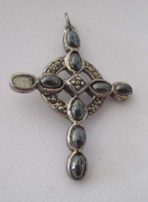 925 Sterling Silver Marcasite and Hematite cross/ Pendant