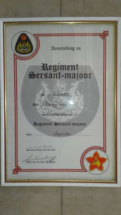 SADF - SA ARMY : Certifikate 1992 - Regiment Sergant Major