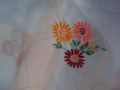 Large sheer chiffon food net cover, embroidered daisies, lace edging - pale fairy blue Unused, crisp