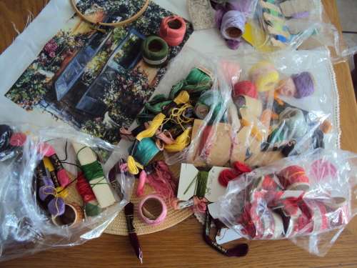 Job lot of embroidery thread skeins with embroidery hoop 13.5cm diam and print pic to embroider