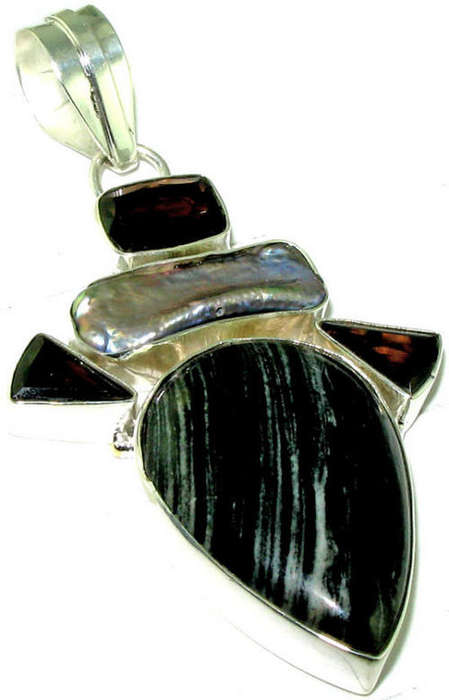 MARYKAY - SESILE JASPER, BIWA PEARL AND SMOKEY QUARTZ GEMSTONE PENDANT IN .925 STERLING SILVER