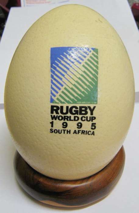 1995 RUGBY WORLD CUP OSTRICH EGG WITH THE EMBLEMS OF ALL THE CLUBS THAT TOOK PART - GOOD COND