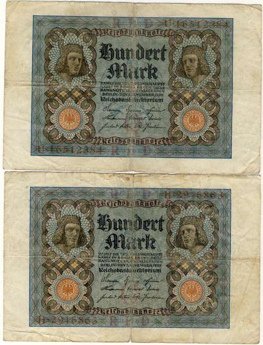 Germany - 100 Mark Variants, 1920, 2 x One Hundred Mark Notes, p69 a+b