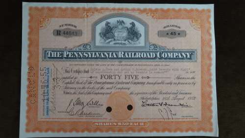 Pennsylvania Railroad Company, Stock Certificate, 1952, 45 Shares with USA Duty Stamps