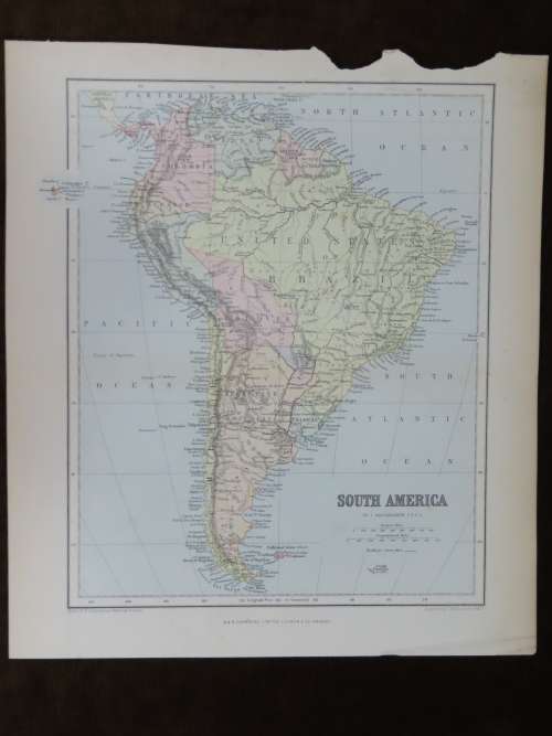1892 Map of South America, Good condition, Original Chambers Map