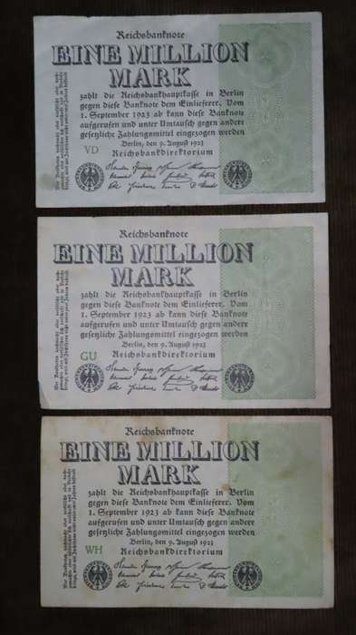 Germany - 3 x 1 Million Mark, 1923 , p102 , 3 Different Watermarks