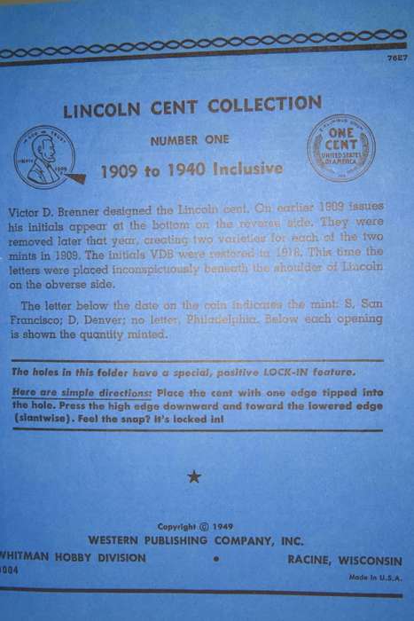 Collector`s Folder for Lincoln Cent Collection Starting 1909 to 1940