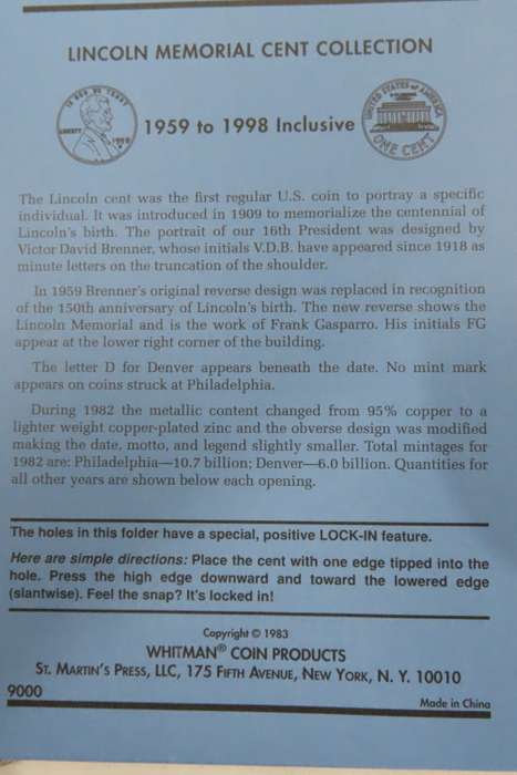 Collector`s Folder for Lincoln Memorial Cent Collection 1959 to 1998
