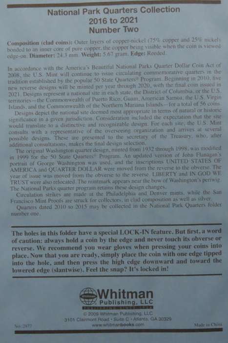 Collector`s Folder for National Parks Quarter Dollars Collection 2016 to 2021
