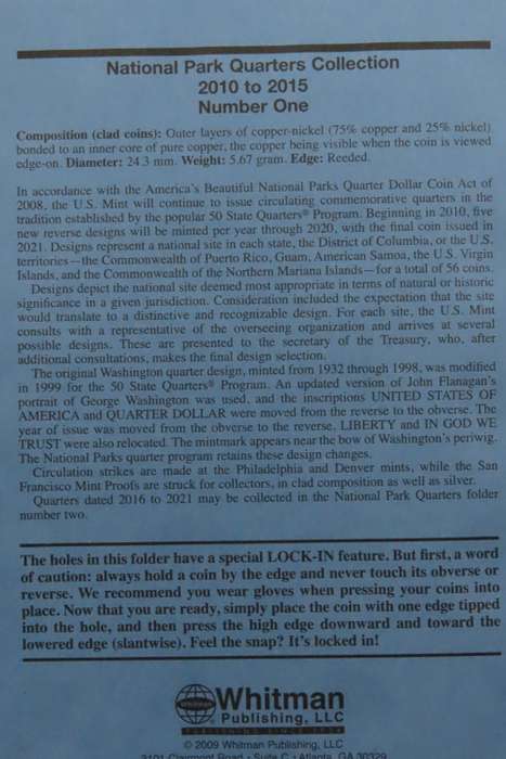 Collector`s Folder for National Parks Quarter Dollars Collection 2010 to 2015