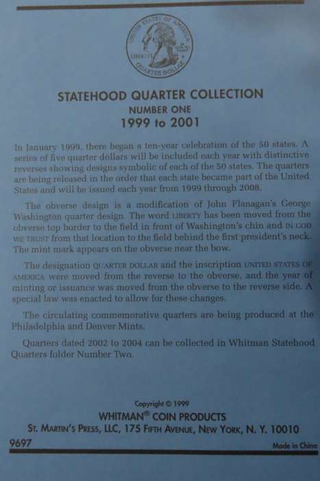 Collector`s Folder for Statehood Quarter Dollars Collection 1999 to 2001