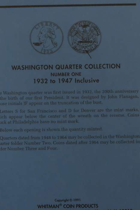 Collector`s Folder for Washington Quarter Dollars Collection 1932 to 1947