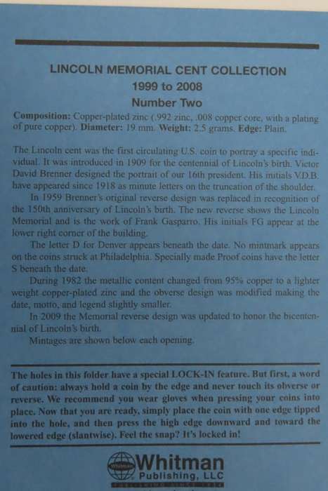 Collector`s Folder for Lincoln Penny Collection 1999 to 2008 Lincoln Memorial Cent