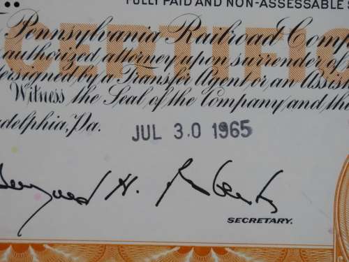 Pennsylvania Railroad Company, Stock Certificate, 1965, 25 Shares