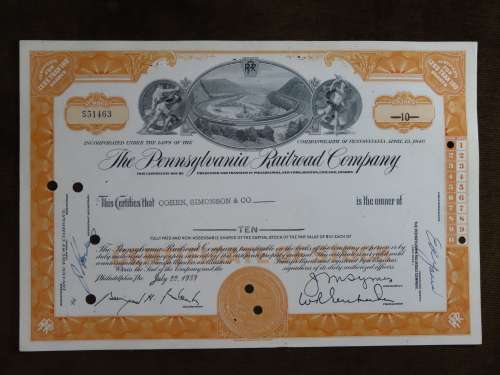 Pennsylvania Railroad Company, Stock Certificate, 1959, 10 Shares