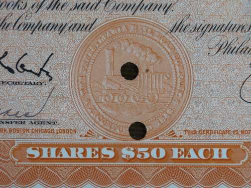 Pennsylvania Railroad Company, Stock Certificate, 1955 , 20 Shares with duty seals