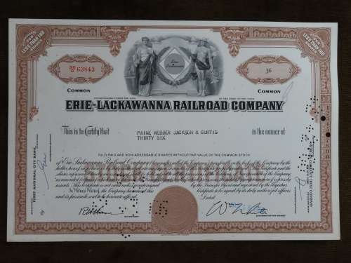 Erie Lackawanna Railroad Company, Stock Certificate, 1968, 36 Shares