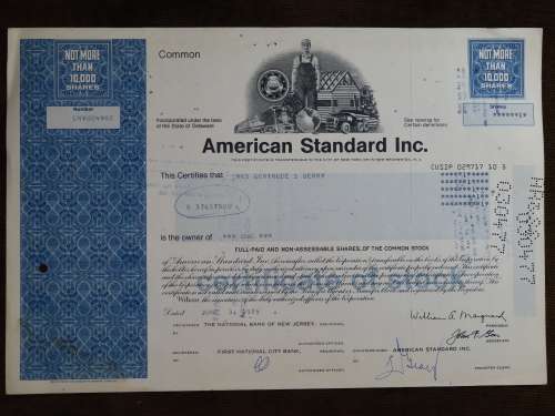 American Standard Inc, Stock Certificate, 1975 , 1 Share