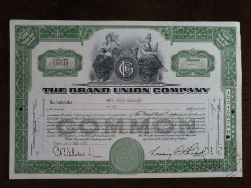 The Grand Union Company, Stock Certificate, 1957 , 5 Shares