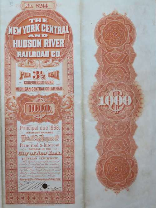 1898 New York Central and Hudson River Railroad, $1000 Gold Bond Certificate