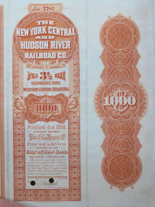 1898 New York Central and Hudson River Railroad, $1000 Gold Bond Certificate 7782