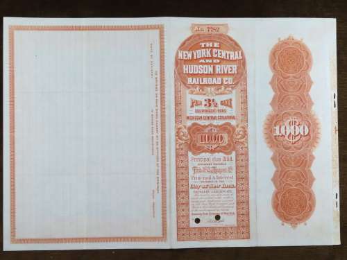 1898 New York Central and Hudson River Railroad, $1000 Gold Bond Certificate 7782