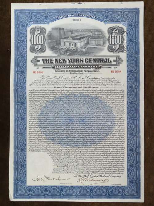 1921 New York Central Railroad Company, $1000 Bond Certificate M14608