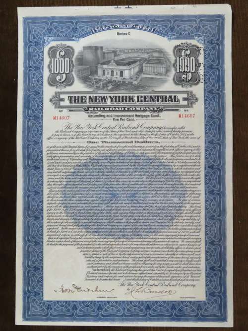 1921 New York Central Railroad Company, $1000 Bond Certificate M14607