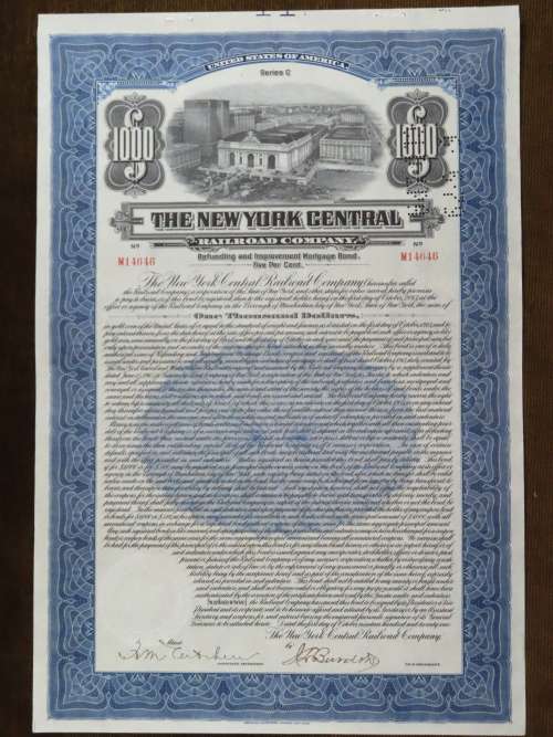 1921 New York Central Railroad Company, $1000 Bond Certificate M14646