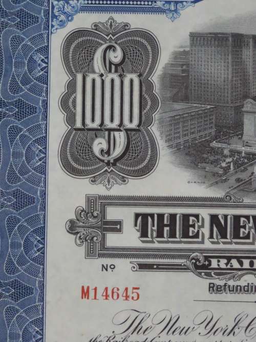 1921 New York Central Railroad Company, $1000 Bond Certificate M14645