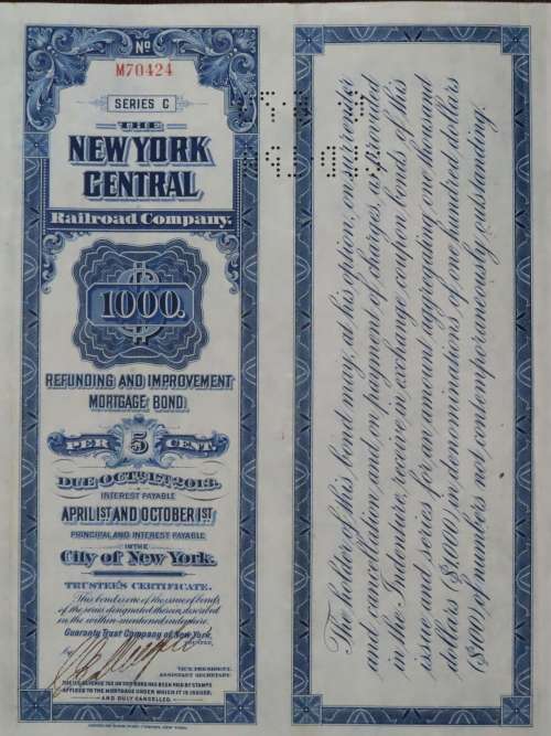 1921 New York Central Railroad Company, $1000 Bond Certificate M70424