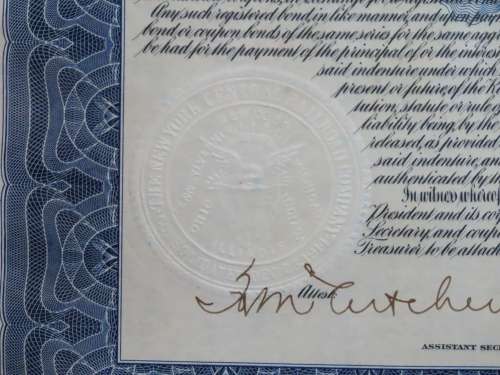 1921 New York Central Railroad Company, $1000 Bond Certificate M14356