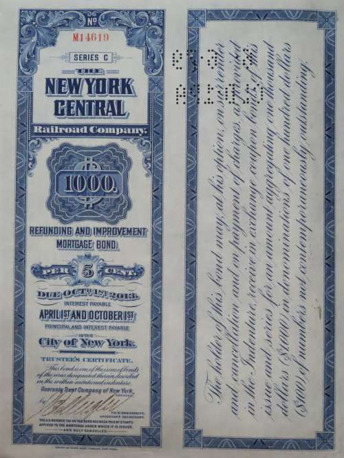1921 New York Central Railroad Company, $1000 Bond Certificate M14619