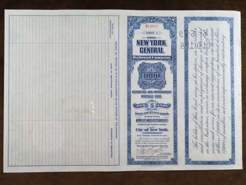 1921 New York Central Railroad Company, $1000 Bond Certificate M14619
