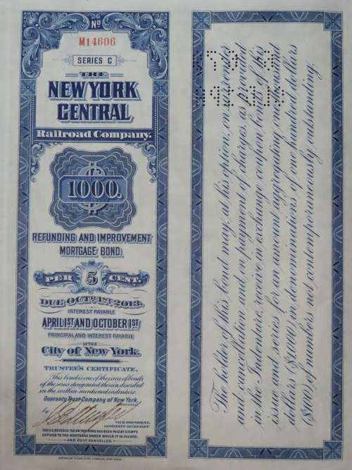 1921 New York Central Railroad Company, $1000 Bond Certificate M14606