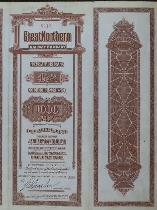 1926 Great Northern Railway Company, $1000 Gold Bond Certificate 9115