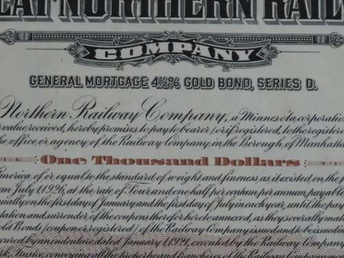 1926 Great Northern Railway Company, $1000 Gold Bond Certificate 6837
