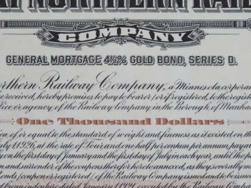 1926 Great Northern Railway Company, $1000 Gold Bond Certificate 4098