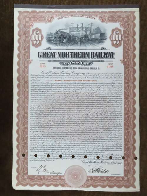 1926 Great Northern Railway Company, $1000 Gold Bond Certificate 4098