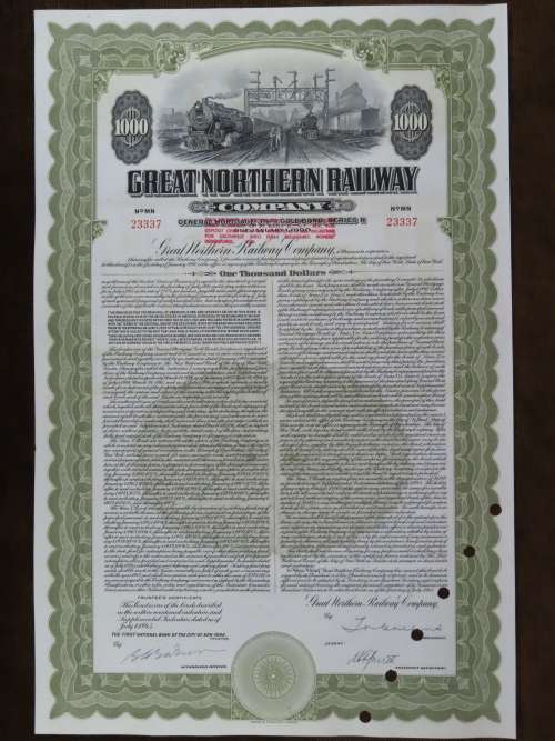 1945 Great Northern Railway Company, $1000 Gold Bond Certificate 23337