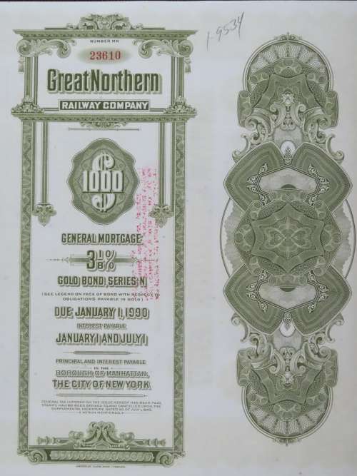 1945 Great Northern Railway Company, $1000 Gold Bond Certificate 23610