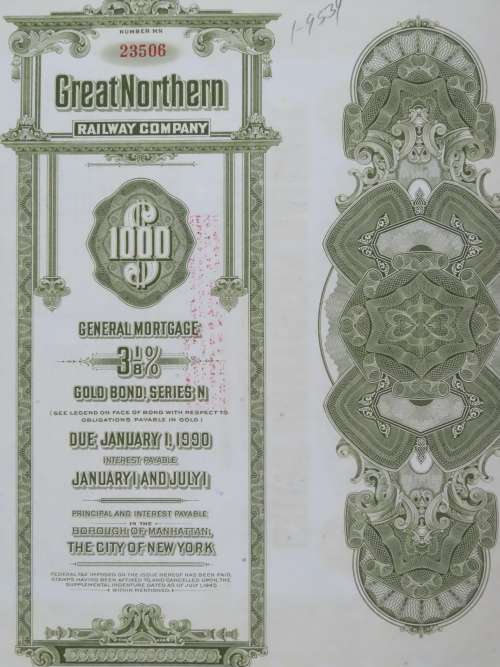 1945 Great Northern Railway Company, $1000 Gold Bond Certificate 23506