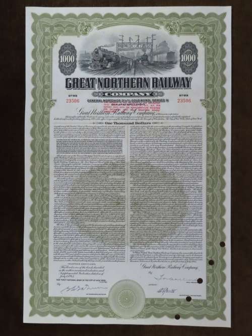 1945 Great Northern Railway Company, $1000 Gold Bond Certificate 23506