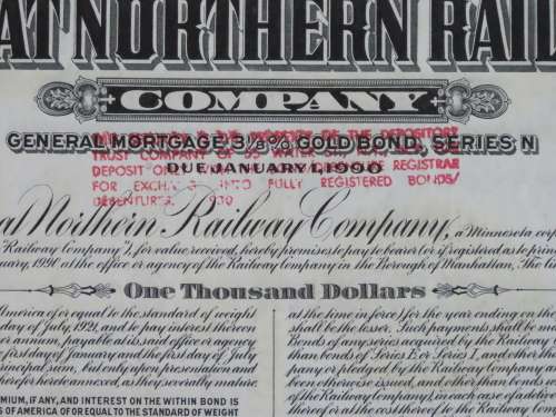 1945 Great Northern Railway Company, $1000 Gold Bond Certificate 23501